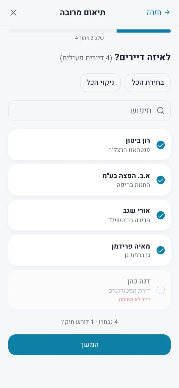 בחירת הדיירים בתיאום מרובה באפליקציה: ארבעה דיירים מסומנים, ודיירת חמישית, שעוד לא אישרה קבלת הודעות, מוצגת באפור ואי אפשר לבחור בה
