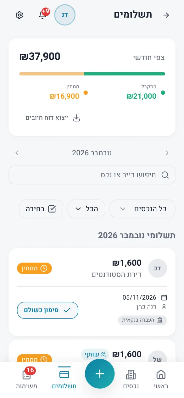 מסך התשלומים באפליקציה, נובמבר 2026: צפי חודשי ₪37,900, התקבלו ₪21,000 וממתינים ₪16,900, ומתחת רשימת התשלומים של החודש